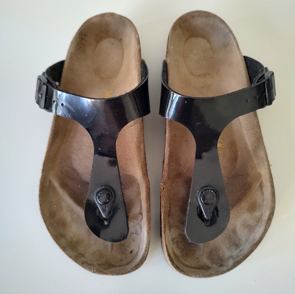 Birkenstock Gizeh Patent Style Thong Black Sandals Size 36